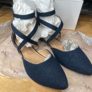 Women’s Pointed-Toe Denim Ankle Wrap Flats - Navy size 10
